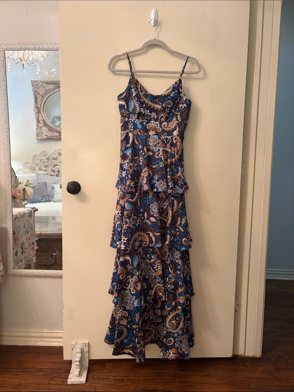 Skies Are Blue Navy and Cream Paisley Tiered Maxi Dress